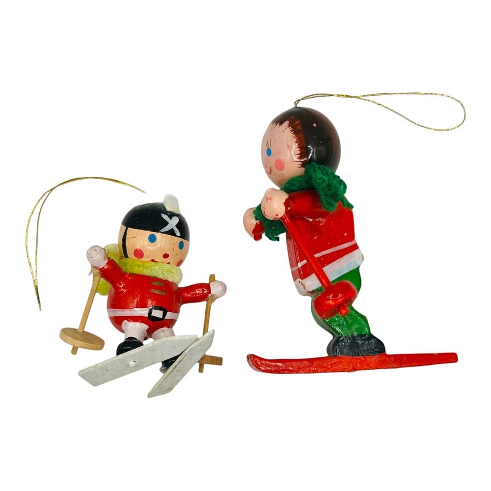 Pair VTG Skier Wood Christmas Ornaments Toy Soldier Skii Snow Cabin Set READ - Picture 2 of 11